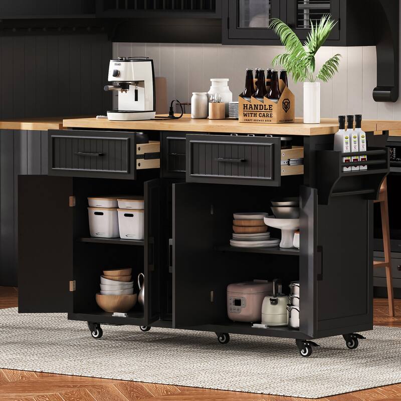 Roomfitters 56.5" Rolling Kitchen Island with Drop Leaf, Mobile Cart with Power Outlets, 5 Drawers & Embossed Barn Doors, Black