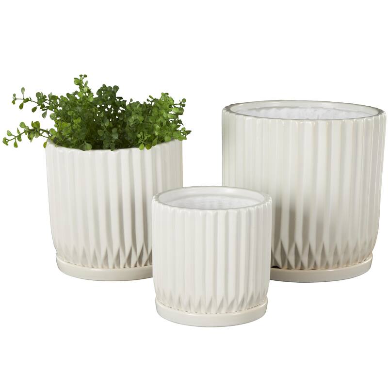Black or White Ceramic Ribbed Indoor Outdoor Planter with Attached Saucer (Set of 3)