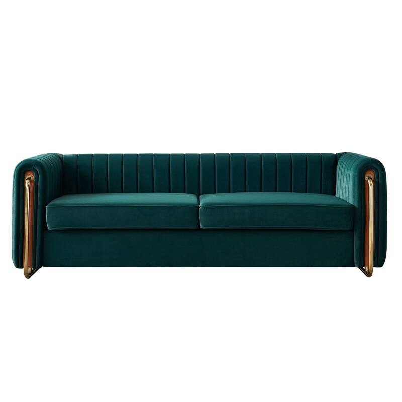 Modern Velvet Sofa with Channel Tufting & Gold Steel Legs - 3 Seater Couch