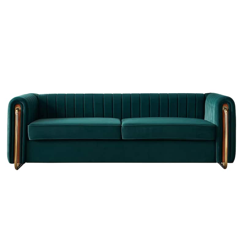 Velvet Sofa Couch 84.25" with Channel Tufting and Polished Gold Legs, Modern Living Room Style - Green