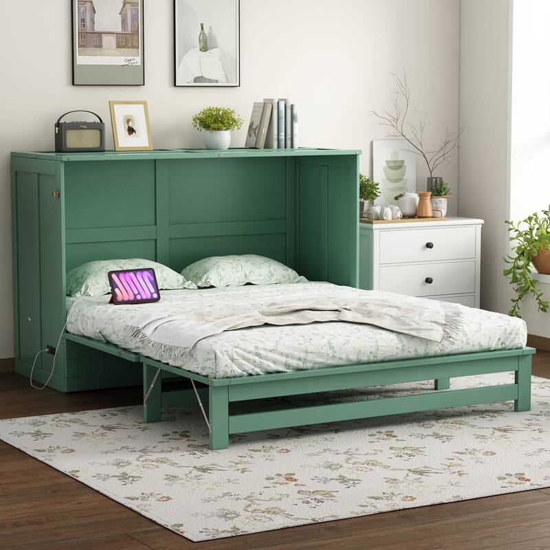 Queen Size Murphy Bed with Built-In Charging Station and Big Storage Drawer, Space-Saving Modern Wall Bed Frame, for Bedroom