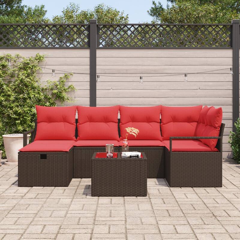 vidaXL 6/7 Garden Sofa Set with Cushions Black/Brown/Grey Poly Rattan - 91.3 x 48 x 27.2