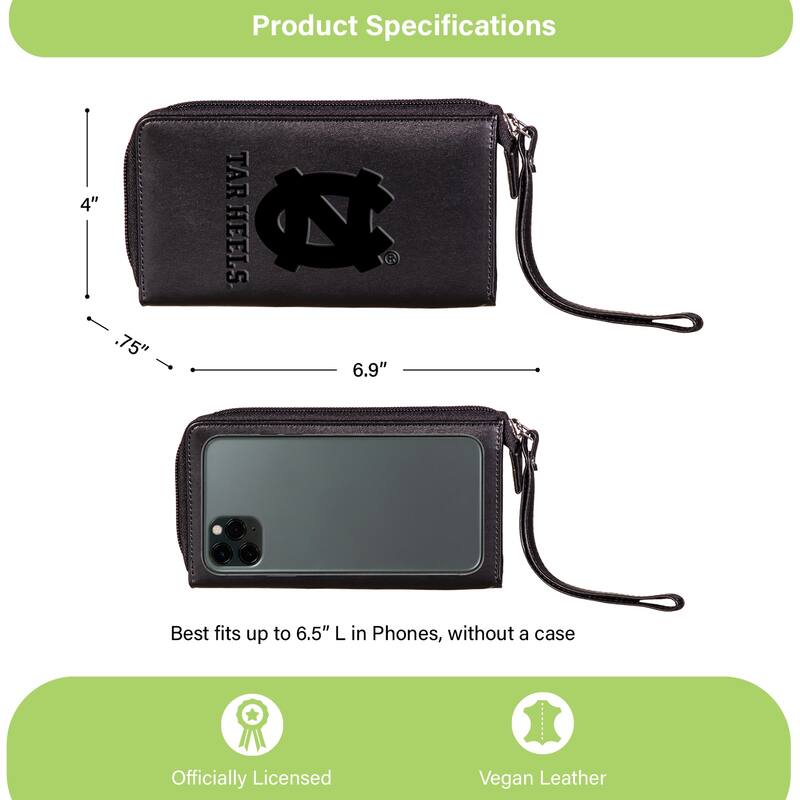 Black Hybrid Leather Cell Phone Wristlet Wallet, University of North Carolina - 4" x 7"