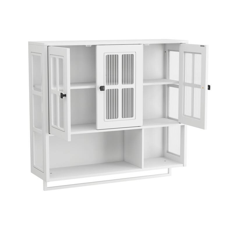 3-Door Wall Cabinet with Fluted Glass & Towel Bar, Modern Storage Solution