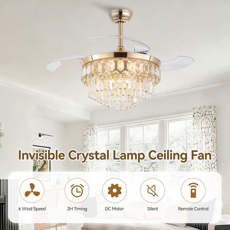 48" Crystal Fandelier Ceiling Fan with Light and Retractable Blades LED Dimmable for Bedroom Living Room - 48 Inches