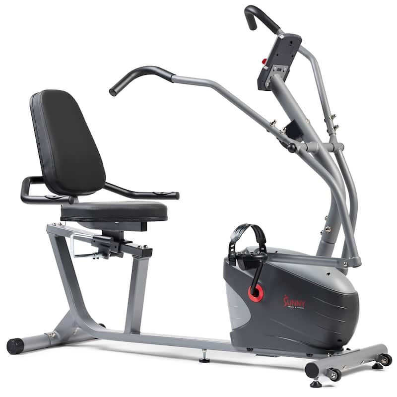 Sunny Health & Fitness Compact Performance Recumbent Bike with Dual Motion Arm Exercisers Exclusive SunnyFit® App - 64.5" x 24.5" - Machines - Grey