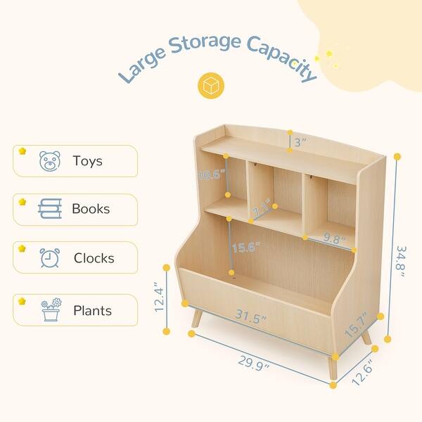 dimension image slide 0 of 2, Kids Bookshelf and Toy Storage, 3-Tier Wooden Open Bookcase, Baby Book and Toy Storage Display Organizer with Spacious Top Shelf