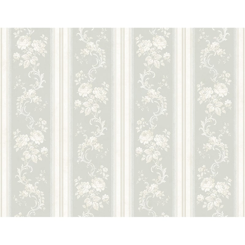 Seabrook Designs Olette Floral Stripe Unpasted Wallpaper - 27 in W x 27 ft. L - Metallic Grey