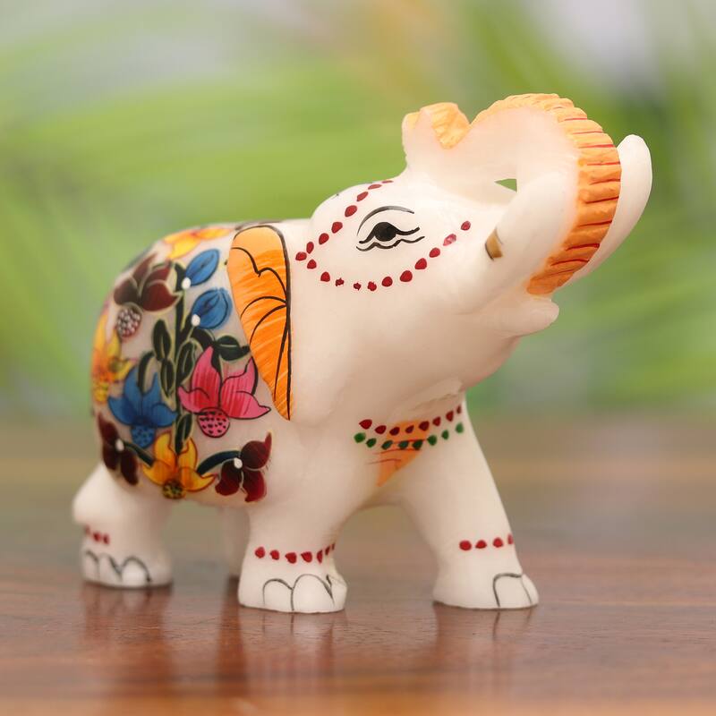 Novica Handmade Elephant Salute Hand-Painted Soapstone Figurine