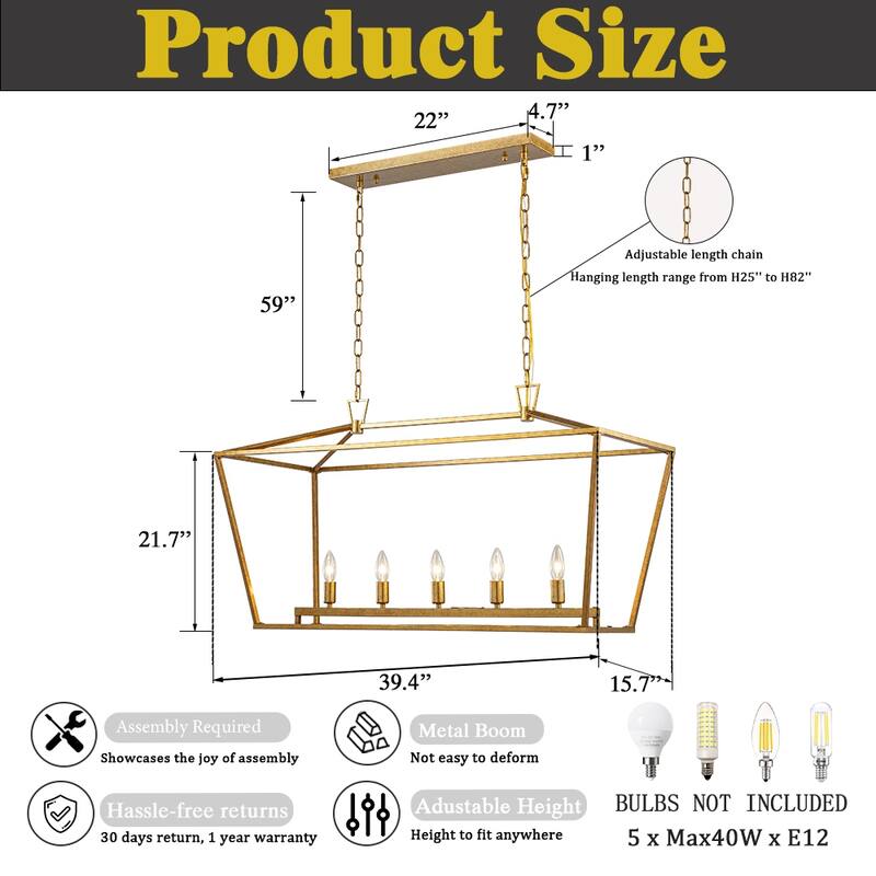 5-Light 39'' Modern Industrial Matte Gold Linear Lantern Geometric Chandelier Rectangle Cage Light For Kitchen Island - W39''