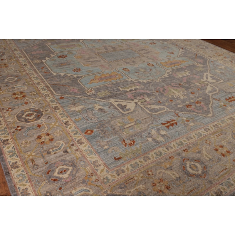 Geometric Gray Oushak Turkish Large Area Rug Hand-Knotted Wool Carpet - 12'1"x 14'6"