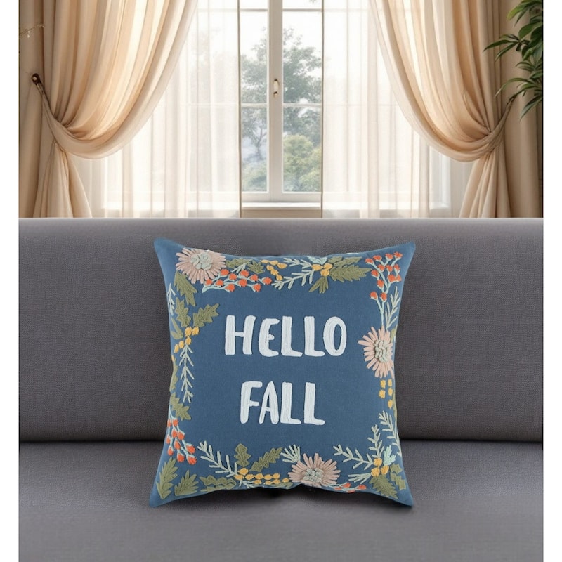 18" Blue and Pink Thanksgiving Cotton Pillow With Embroidery Edges - Blue/Pink