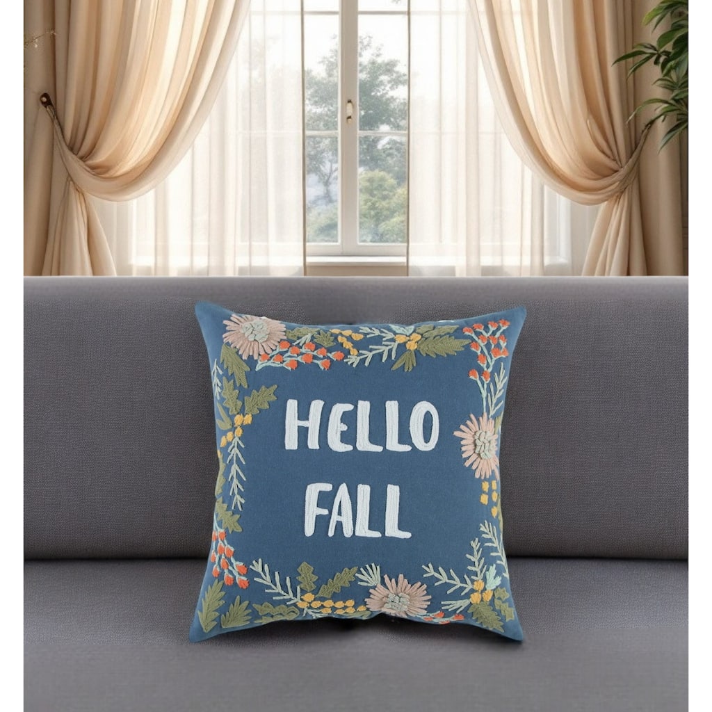 18" Blue and Pink Thanksgiving Cotton Pillow With Embroidery Edges