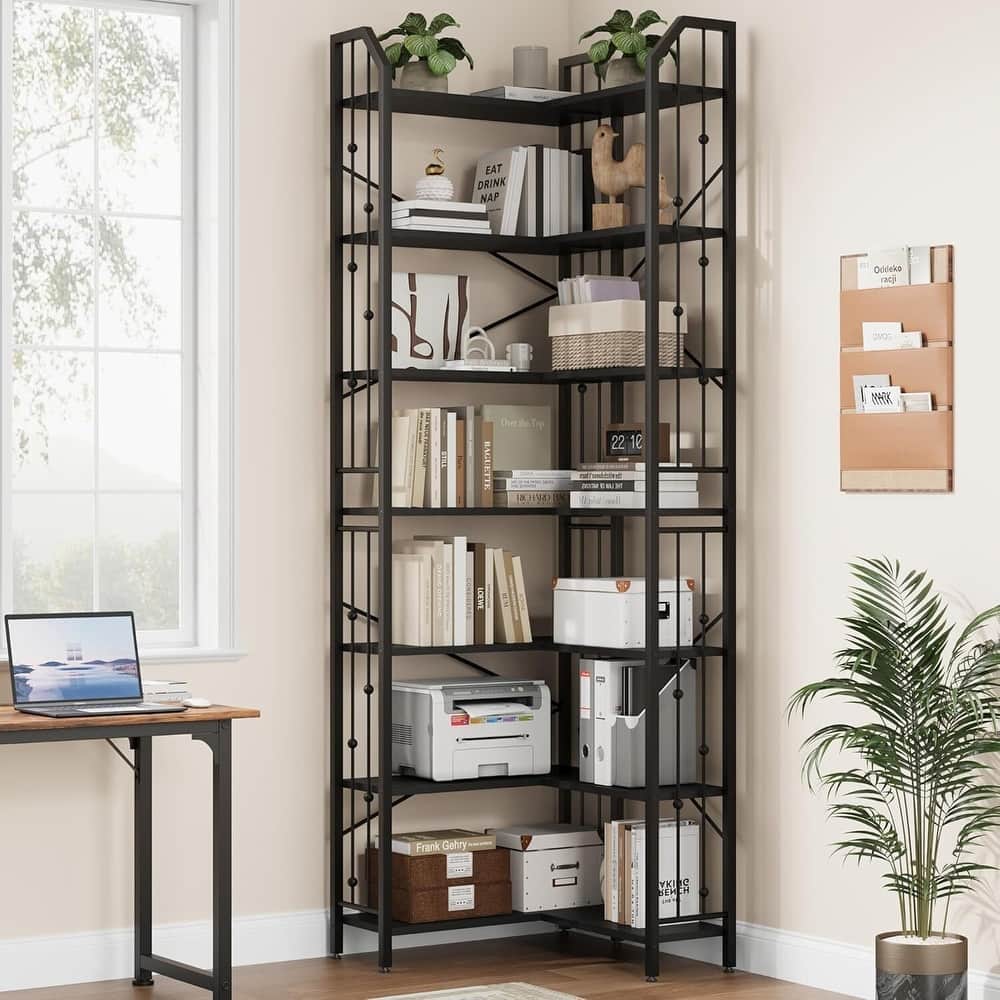 86" 7 Tier Industrial Corner Bookshelf, L-Shaped Bookcase - N/A