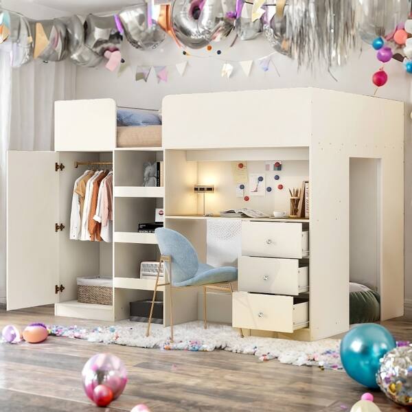 slide 2 of 14, Full Size Wood Loft Bed with Built-in Wardrobe, Desk, Storage Shelves and Drawers,Beige Beige
