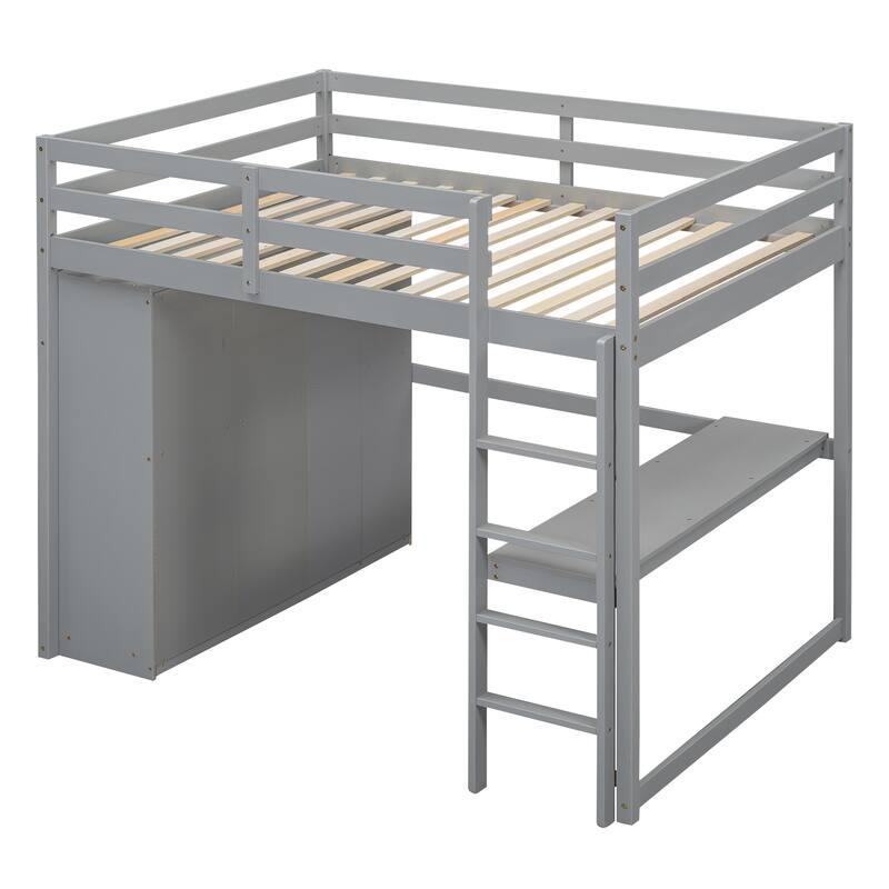 Wood Full Size Loft Bed with Built-in Wardrobe, Desk, Storage Shelves and Drawers, White