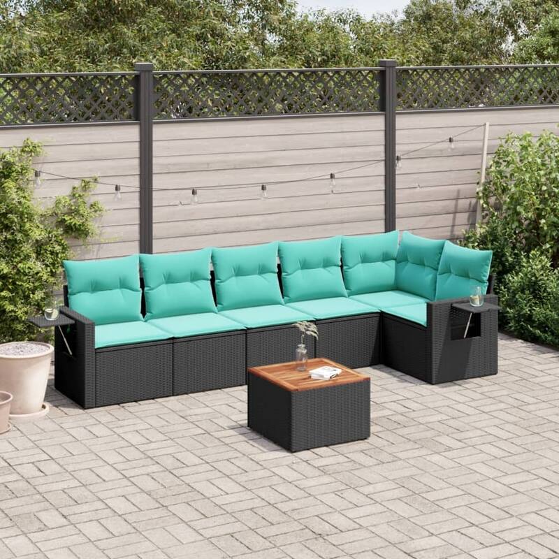vidaXL 7 Piece Patio Sofa Set with Cushions Black Poly Rattan - 24.4x24.4x27.2-corner + Table + 3x middle