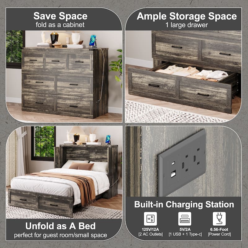 Foldable Murphy Bed Cabinet Full/Queen with USB & Type-C Ports and Storage Drawer for Guest Room