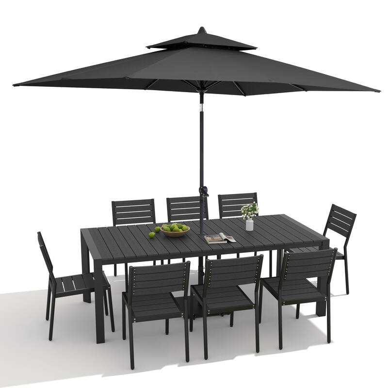 9/11-Piece Outdoor Dining Set Aluminum Table and Stackable Chairs w/10 ft Umbrella and Base
