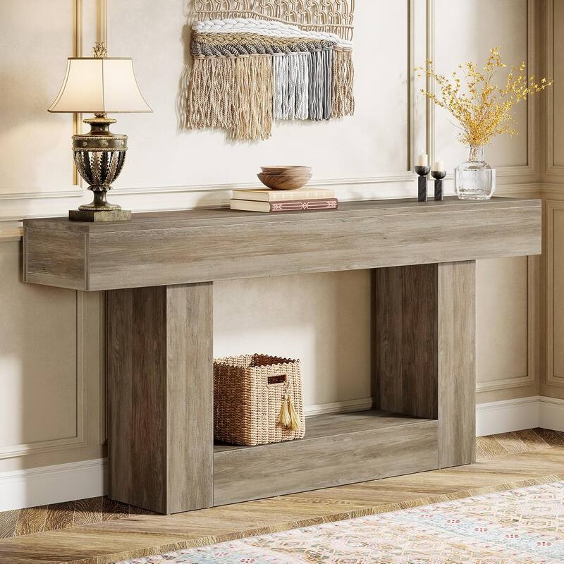 63 Inches Brown and Gray Narrow Long Wood Console Table for Entryway