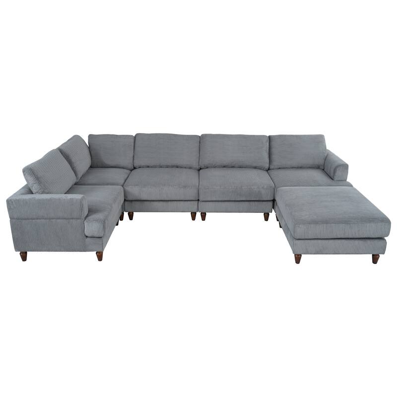 L Shaped Modular Sectional Sofa with Ottoman, Corduroy Upholstered Sleeper Sofa Bed, Corner Sectional Couch with Wooden Legs