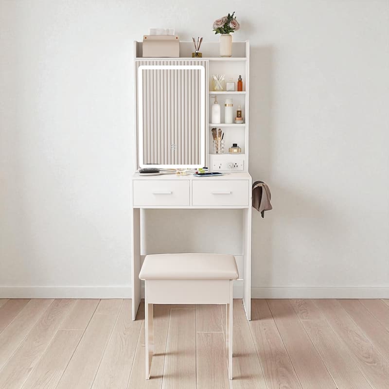 Small Makeup Vanity with Mirror & LED Lights, Charging Station, Storage Drawers, Cushioned Stool, White Dressing Table - White