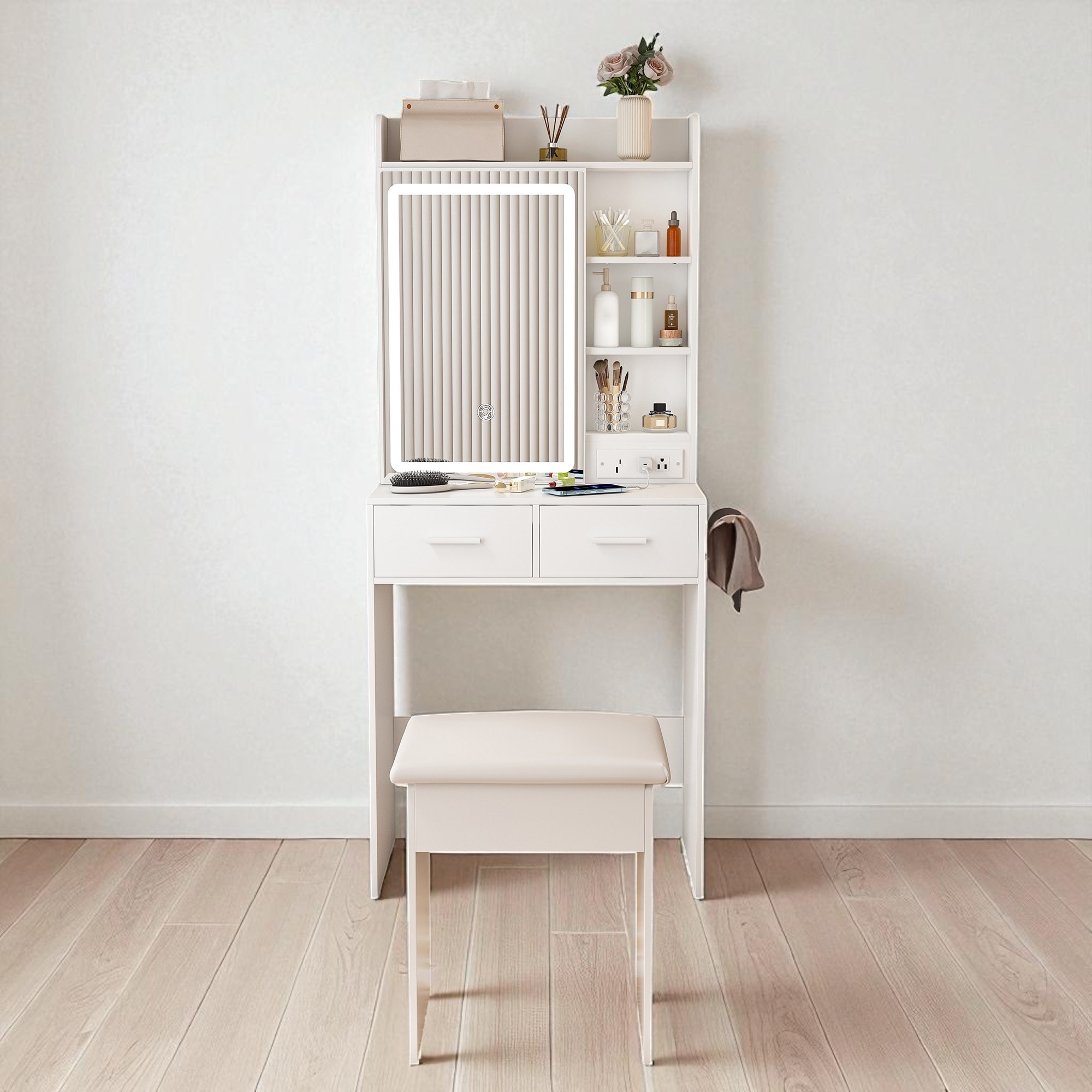 Small Makeup Vanity with Mirror & LED Lights, Charging Station, Storage Drawers, Cushioned Stool, White Dressing Table