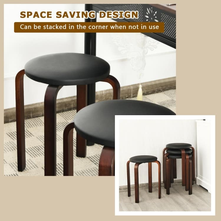 Set of 4 Bentwood Round Stool Stackable Dining Chair with Padded Seat - 15" x 15" x 18.5" (L x W x H)