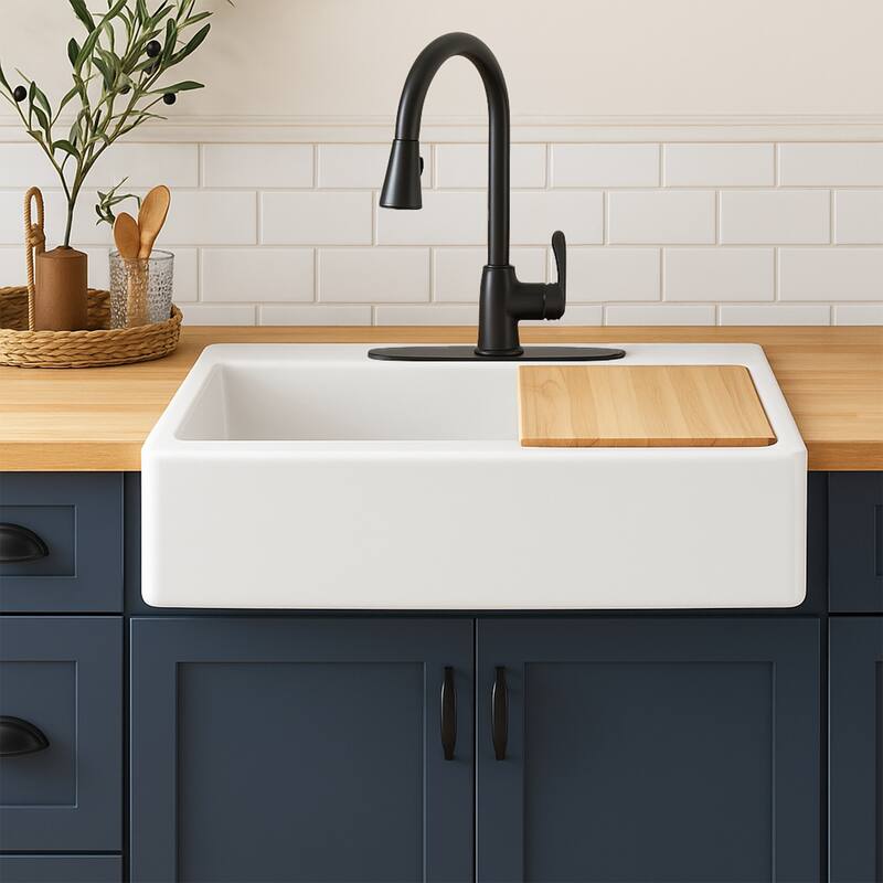 Parker Crisp White Fireclay 34" Single Bowl Quick-Fit Apron-Front Drop-In Workstation Kitchen Sink