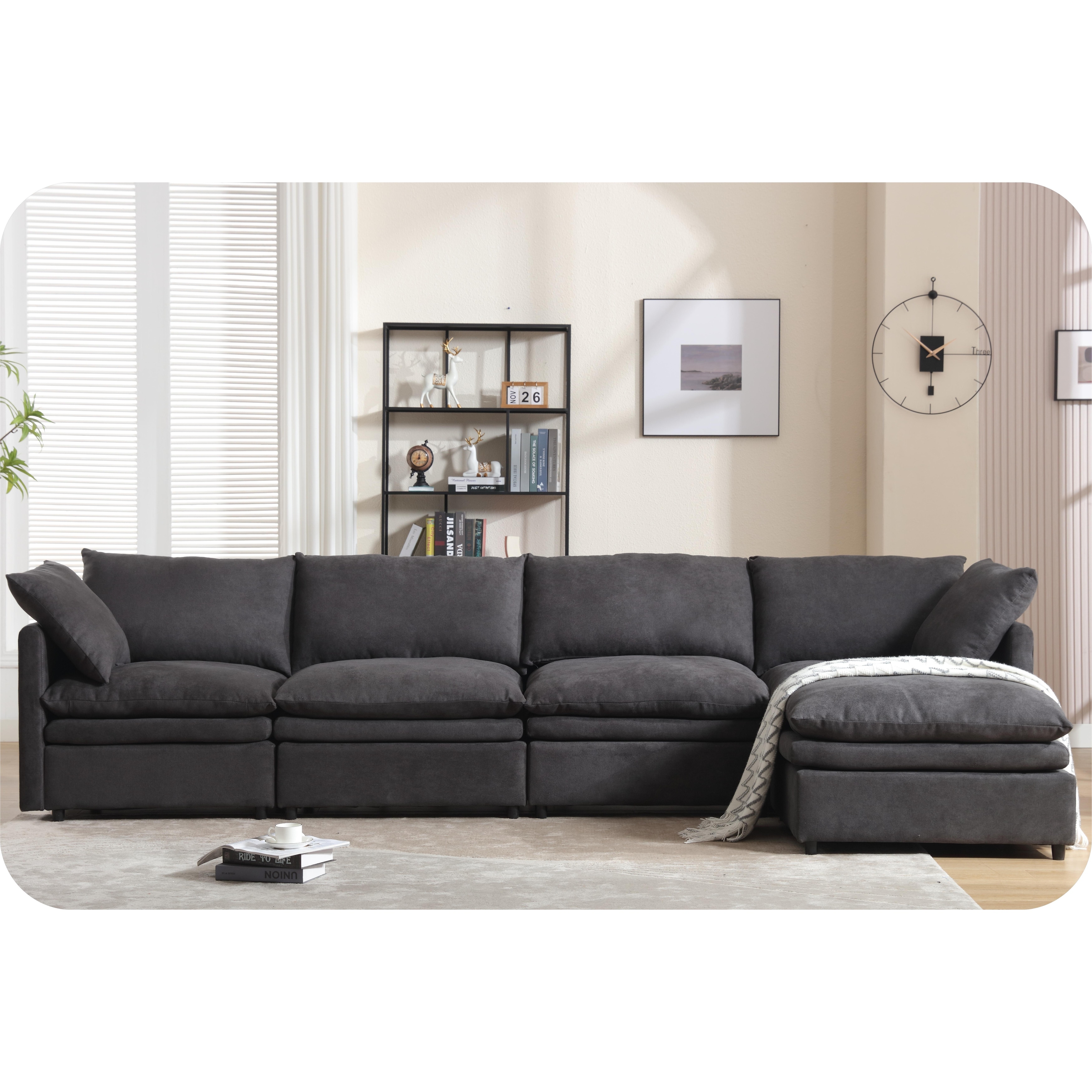 Contemporary 5-Seat Upholstered Sofa with Chaise Lounge,Dark Gray Polyester