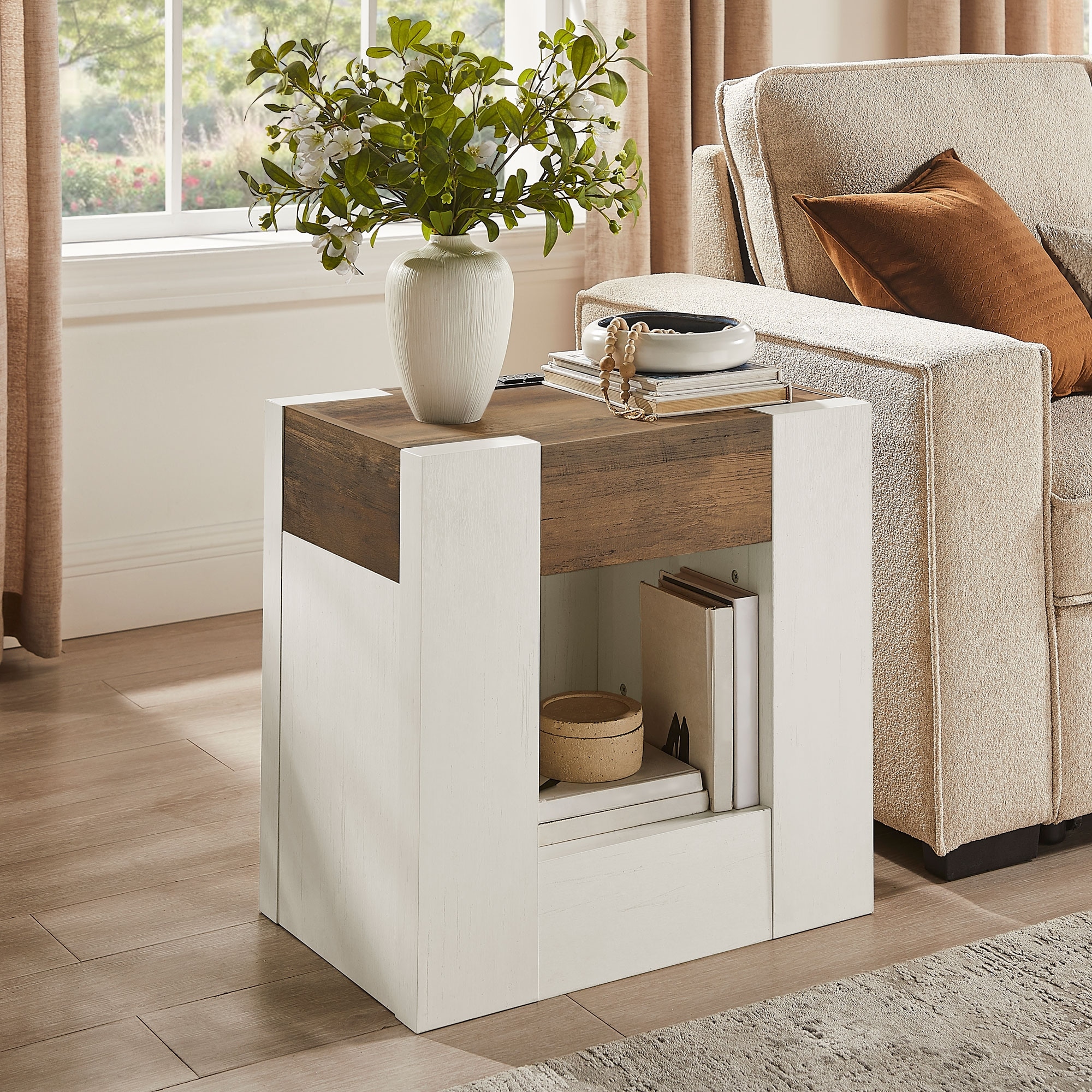Modern Nightstand with Charging Station, End Table w/ Hidden Drawers