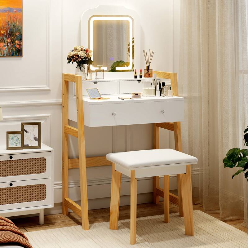 Gymax Vanity Desk Set w/ Mirror 3-Color LED Lights Drawers Solid Pine