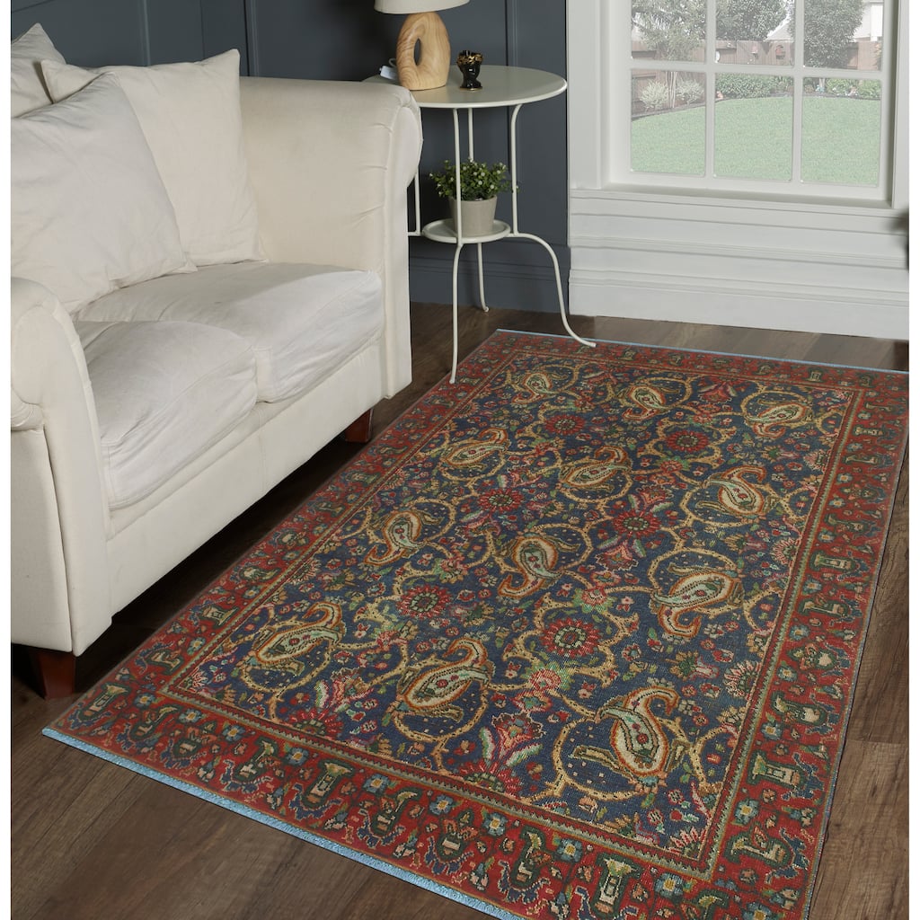 Fine Vintage Distressed Nasira Red/Navy Rug - 4'5" x 6'7"
