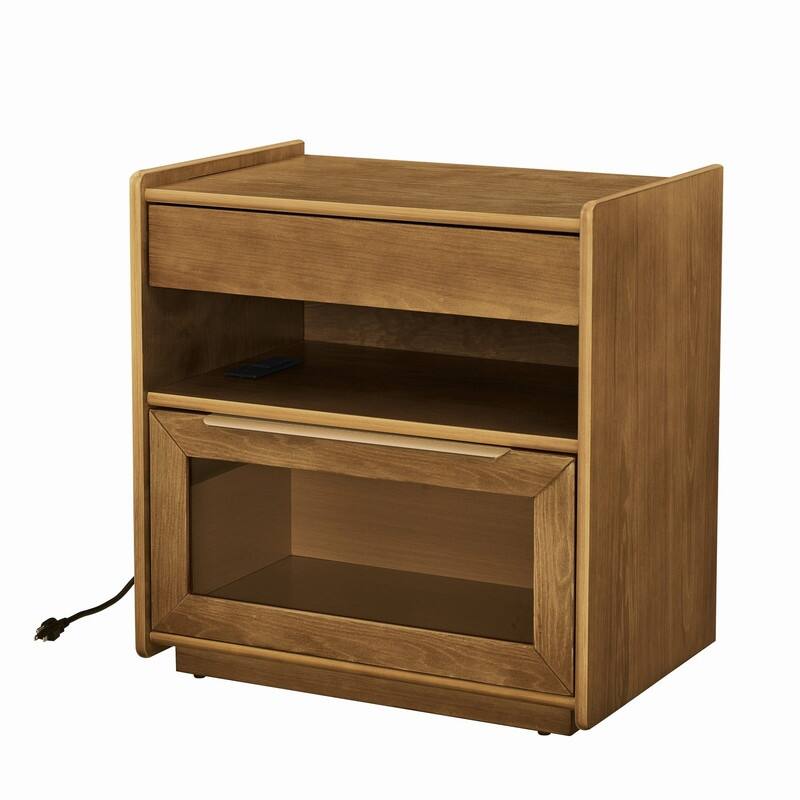 Mid Century Modern 2-Drawer Nightstand with Charging Station and Open Shelf for Bedroom Storage and Convenience