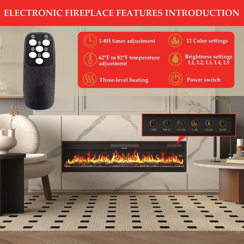 Modern Black Fireplace TV Stand Combo,Remote Fireplace Heater,2 Drawers,Light Strip & USB