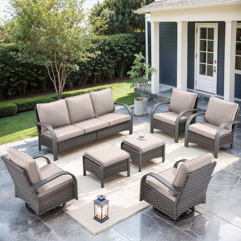 Pocassy Outdoor Furniture Sofa Chairs with Ottoman - Beige Cushion - 7PCS Sofa Chair with Ottoman