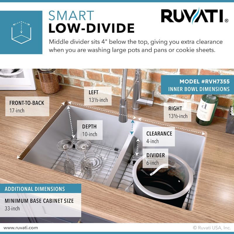 Ruvati 30-inch Low-Divide Undermount Tight Radius 50/50 Double Bowl 16 Gauge Stainless Steel Kitchen Sink - RVH7355