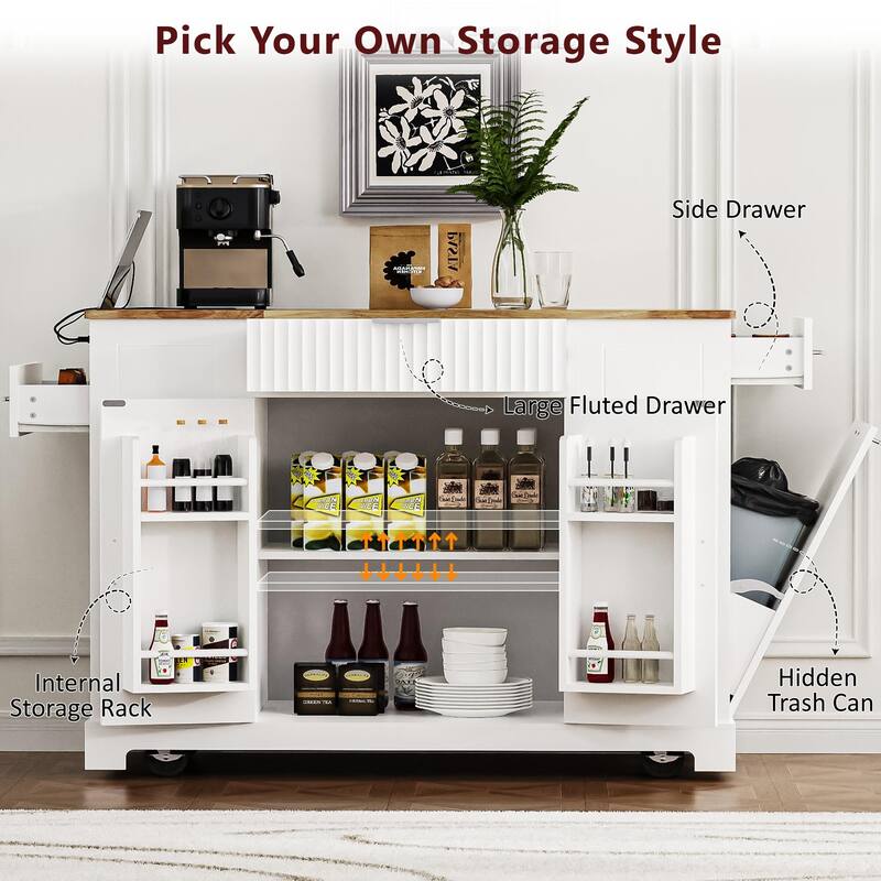 Chichoice Fluted Rolling Kitchen Island with Trash Can Storage Cabinet, Power Outlet, Internal Storage Rack