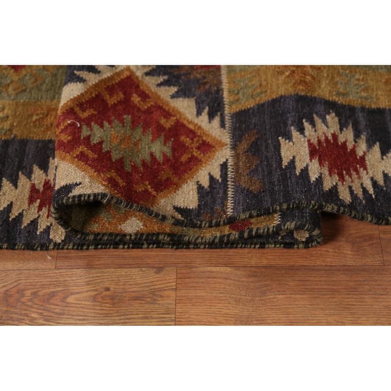 All-Over Geometric Kilim Indian Area Rug Hand-Woven Wool Carpet - 7'8"x 9'10"