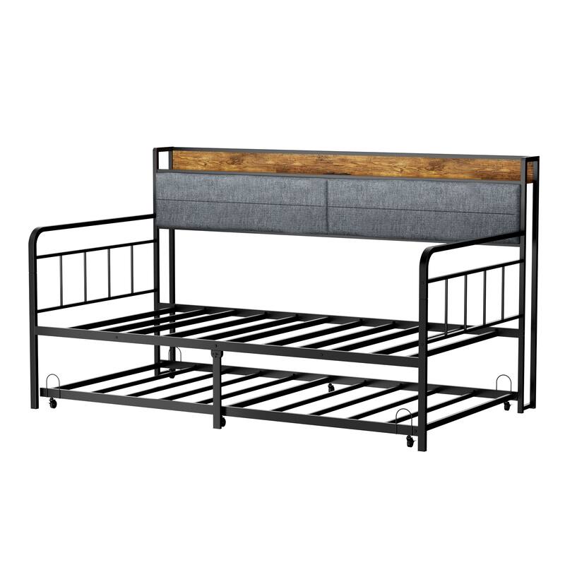 Twin Size Daybed with Trundle, Upholstered Storage Headboard, Charging Station, Black