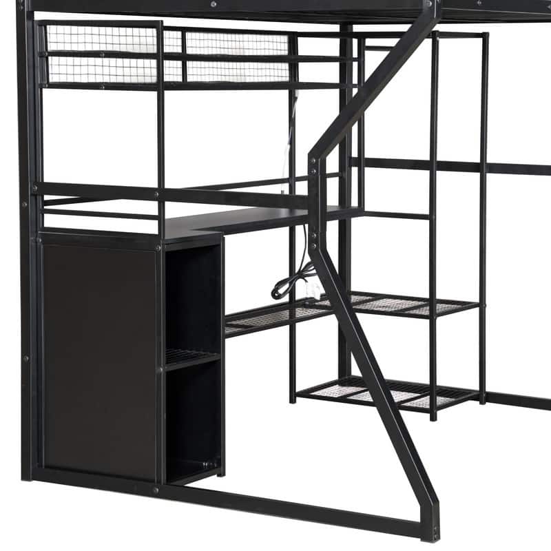 Full Size Metal Gaming Bed with Built-in Desk and LED Light, Storage Loft Bed Frame with Open Wardrobe and Multiple Shelves