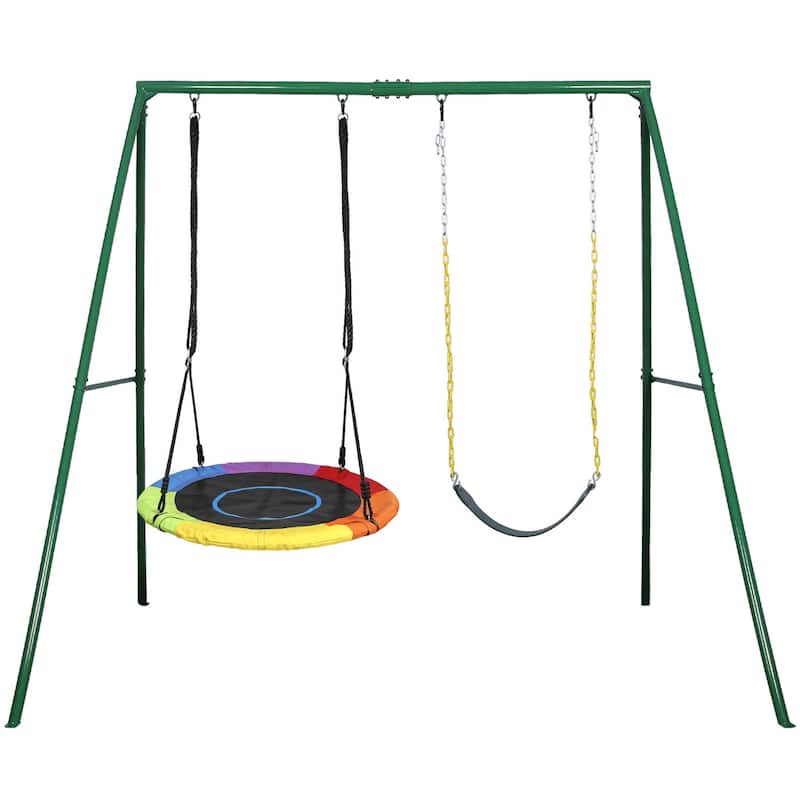 Trekassy 440lbs 2 Seat Swing Set for Backyard, 1 Saucer Swing Seat and 1 Belt Swing Seat