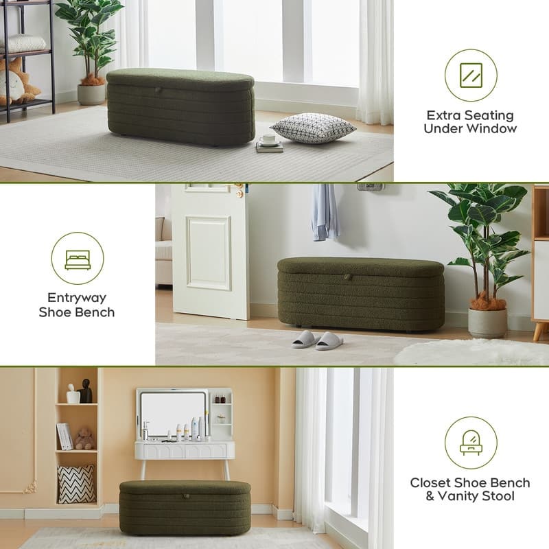 45" White Teddy Storage Ottoman Bench for Living Room Bedroom,Oval Sherpa Storage Bench Ottoman Foot Rest Anti-slip Legs