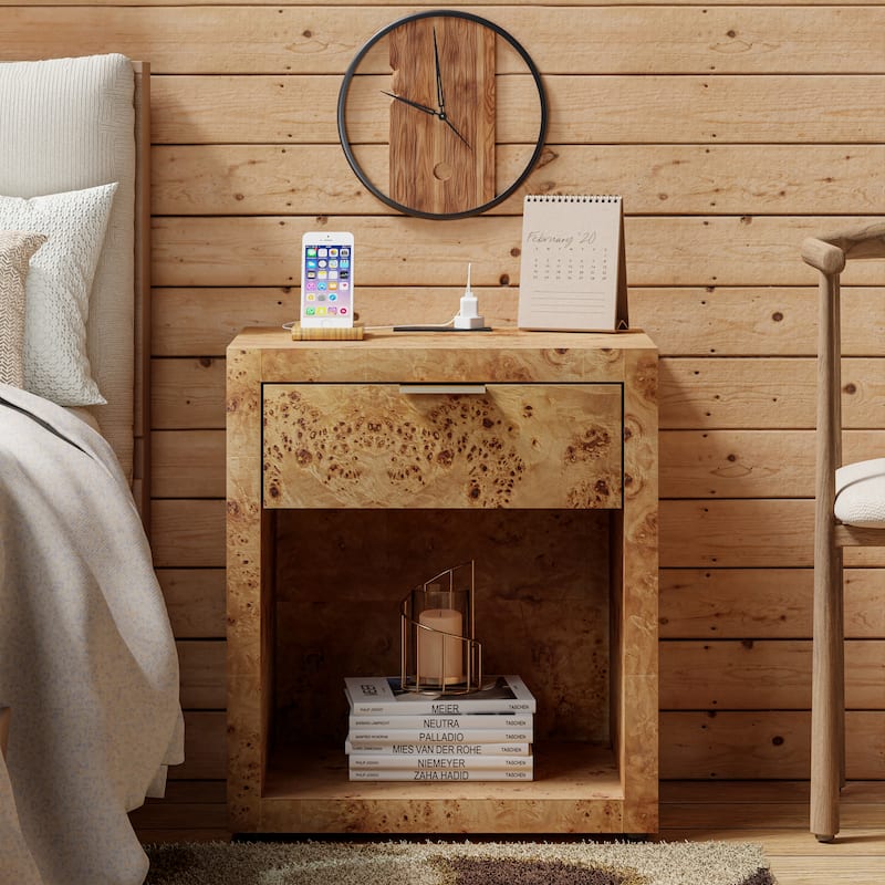 COZAYH Burl Finish Nightstand, Rustic Farmhouse Dresser, Vintage Accent Wood Storage Bedside Table, Fully Assembled - Natural - 1-drawer