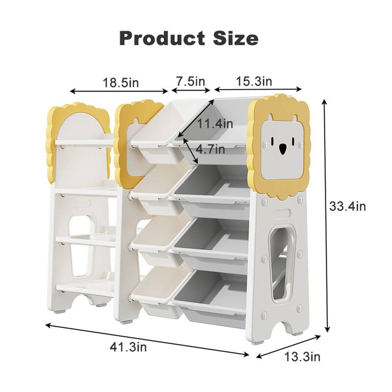 Kids Toy Storage Organizer with 8 Removable Bins, 4-Tier Bookshelf for Bedroom and Nursery - 41.3”L x 13.3”W x 33.4”H