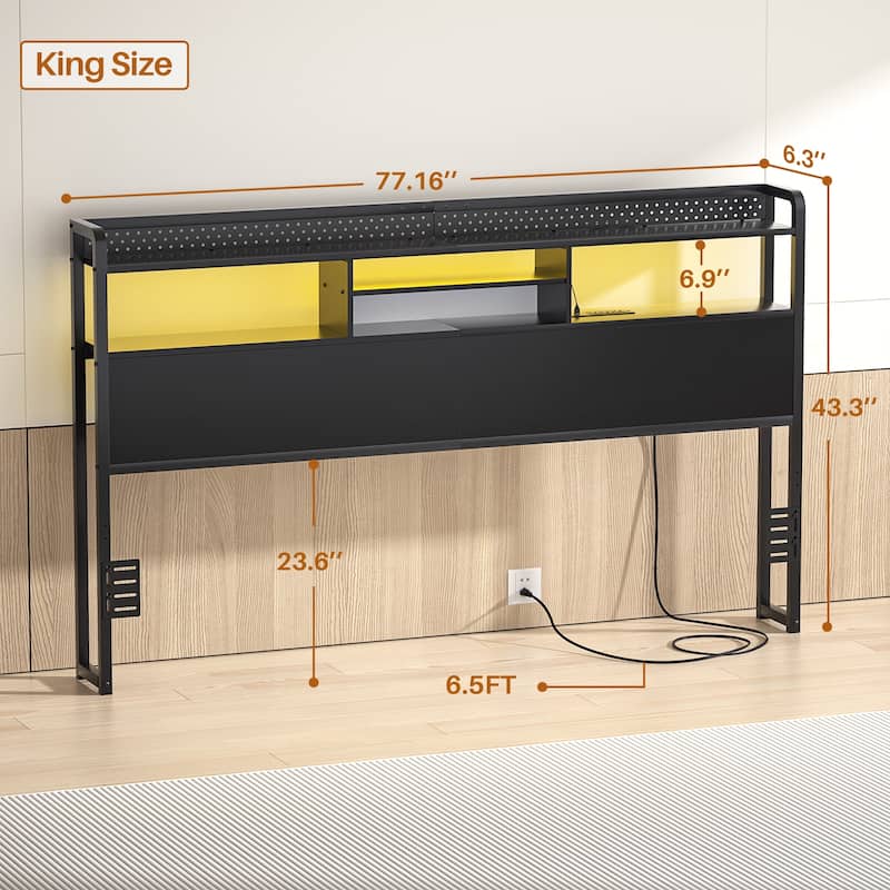Bed Headboard with Storage Shelf and Charge Station, Height Adjustable Headboard with LED Light