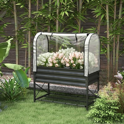 Outsunny Raised Garden Bed with Cover and Storage Shelf, Rectangular Metal Elevated Planter Box