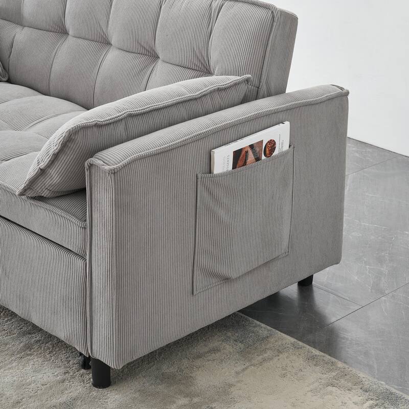 Corduroy Pull Out Loveseat Sofa Convertible Sleeper Love Seat Bed Adjustable Backrest Tufted Couch w2 Pillo & Pockets