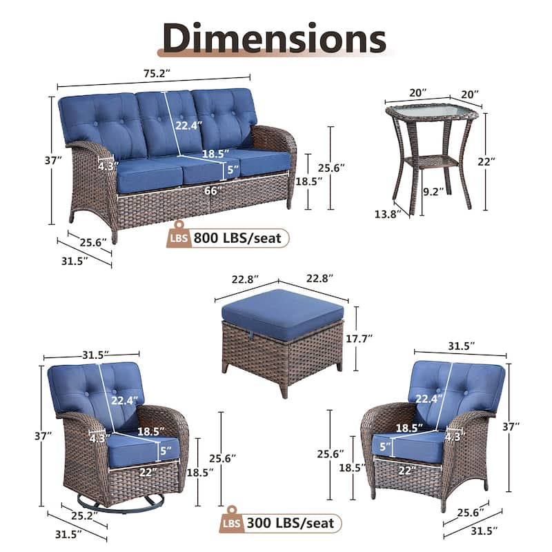 TWrap 8-Piece Patio Brown Wicker Sofa Conversation Set with 5-Inch Thick Cushions