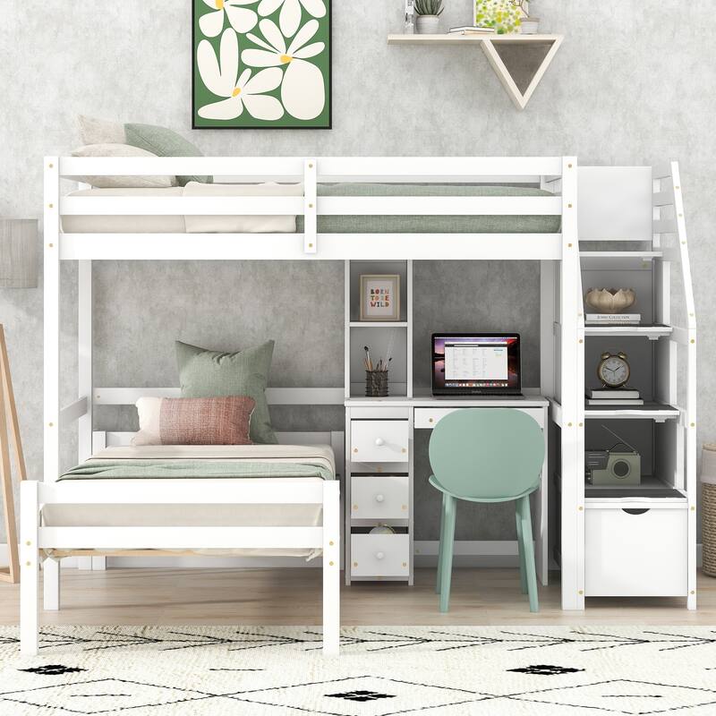 Twin Loft Bed with Stand-Alone Bed, Storage Staircase, and Desk - White - Twin